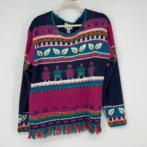Blast Folk Art Knit Sweater Fringe Hem Nordic People Winter Medium Novelty